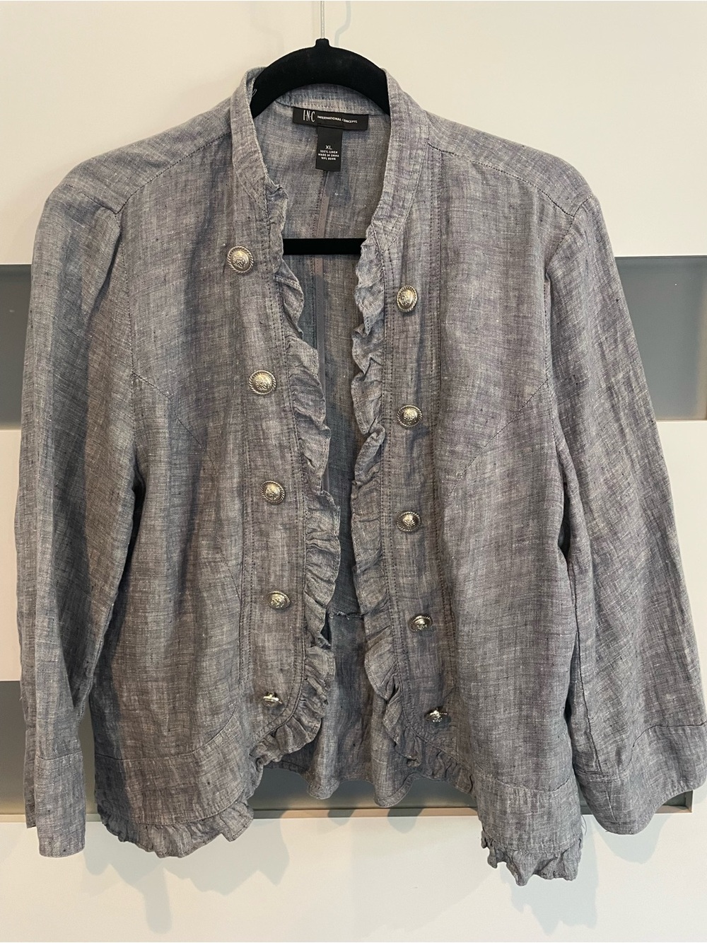 INC International Concepts Linen Ruffle Hem Jacket in Gray Blue XL Like New